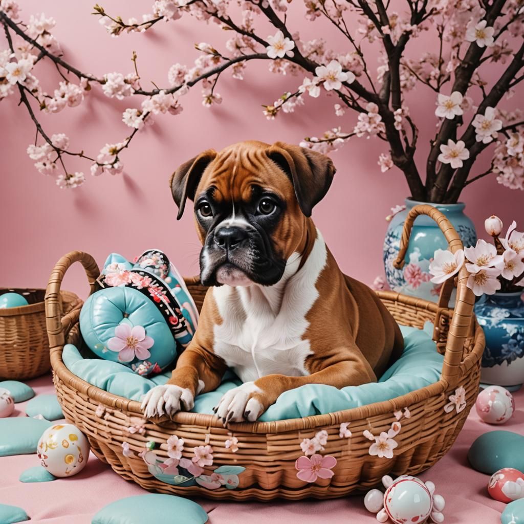 Japanese Boxer Puppy in Vaporwave Okinawa Livingroom