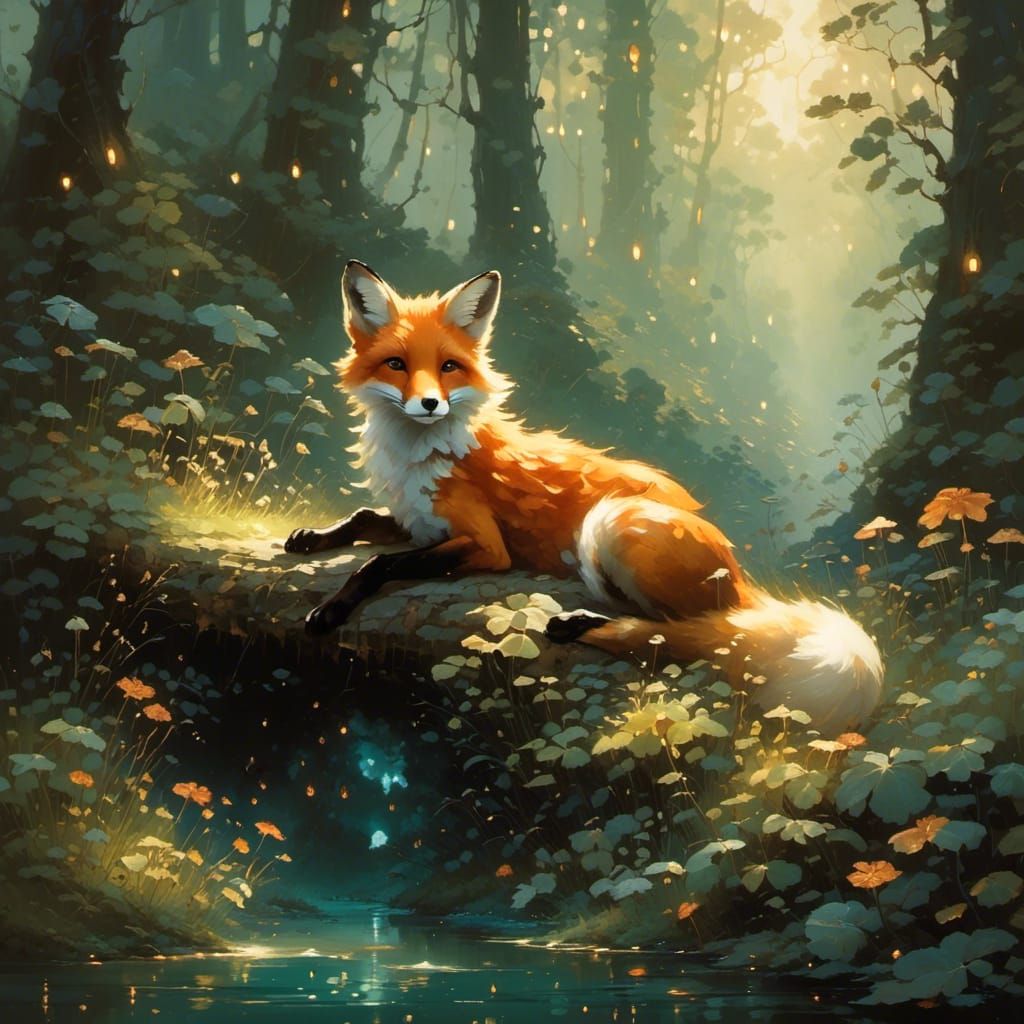 Adorable Fox in Ethereal Anime Fantasy Forest