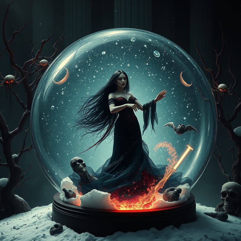 Gothic Vampire Lady Dances in Spooky Snow Globe