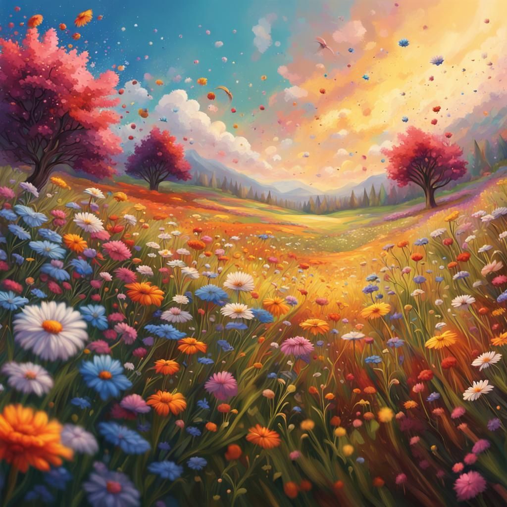 Hyperrealistic Colorful Flower Meadow Explosion