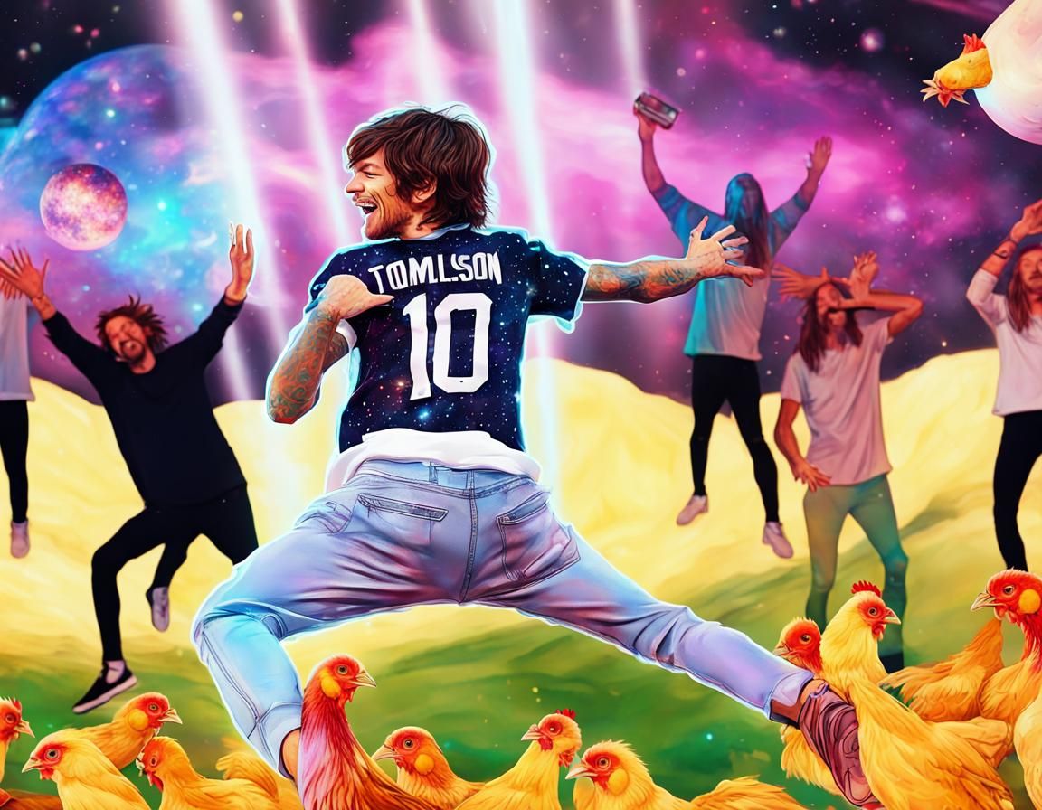 Astral Cosmic Illustration of Man Throwing Chicken