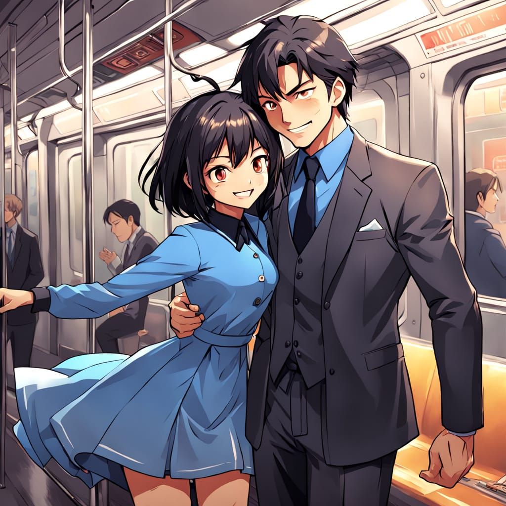 Young Woman Leans on Dashing Man in Elegant Black Suit