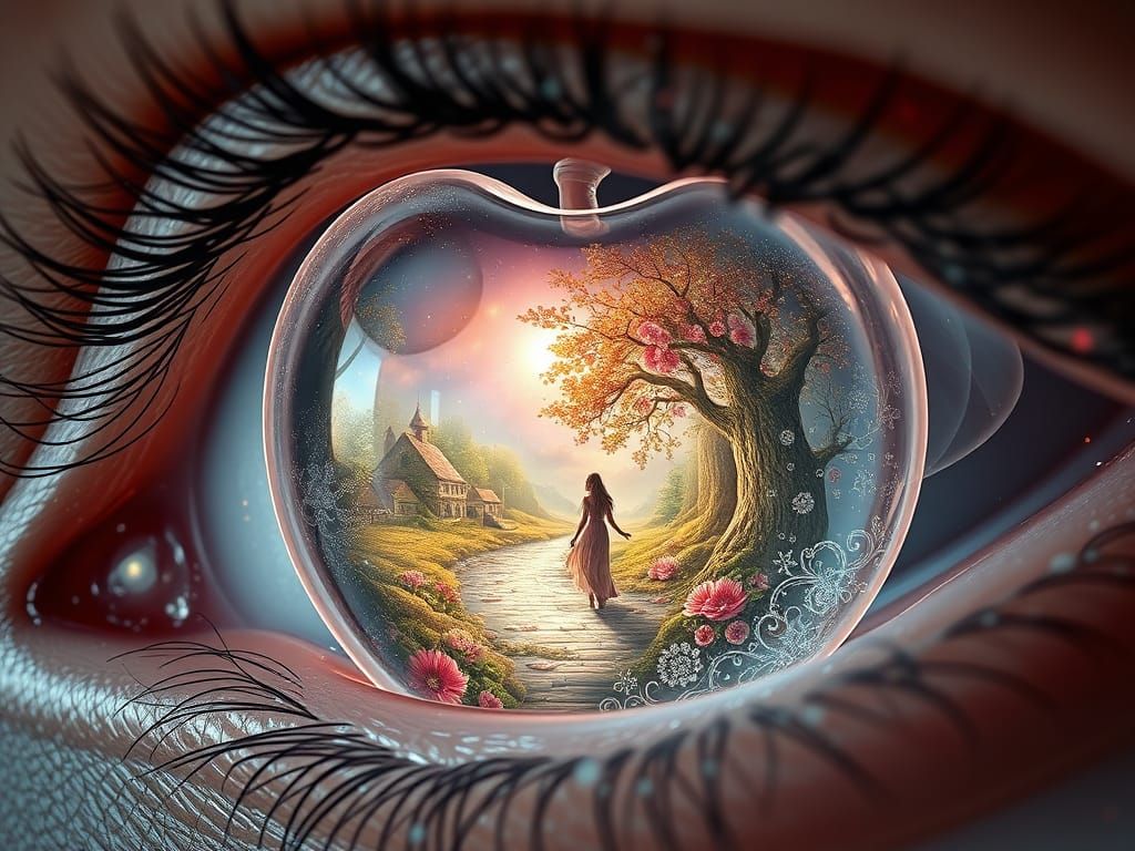 Crystal Apple Eye with Village Scene, Detailed Art