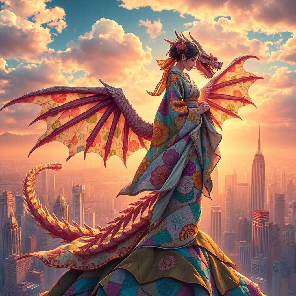 80s Anime Goddess Surrounded by Vibrant Fabric Cityscape and...