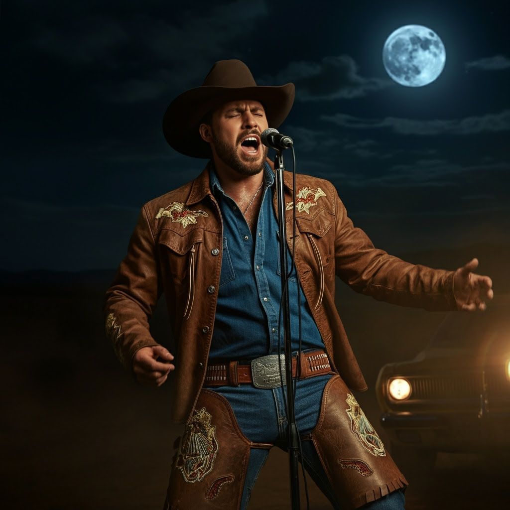 Cowboy Serenades Under the Moon in Oil Realism