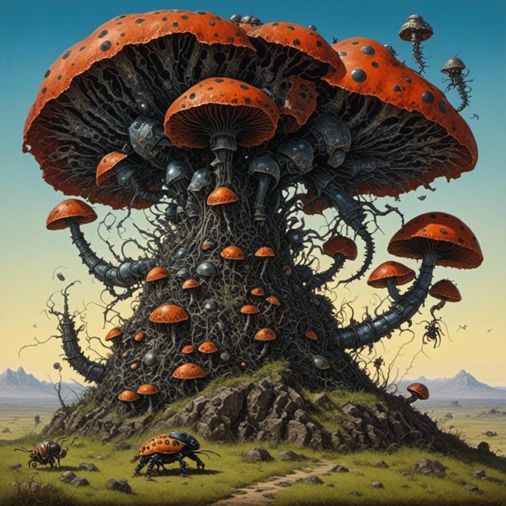 Insect Megafauna Grazing Among Giant Mushrooms