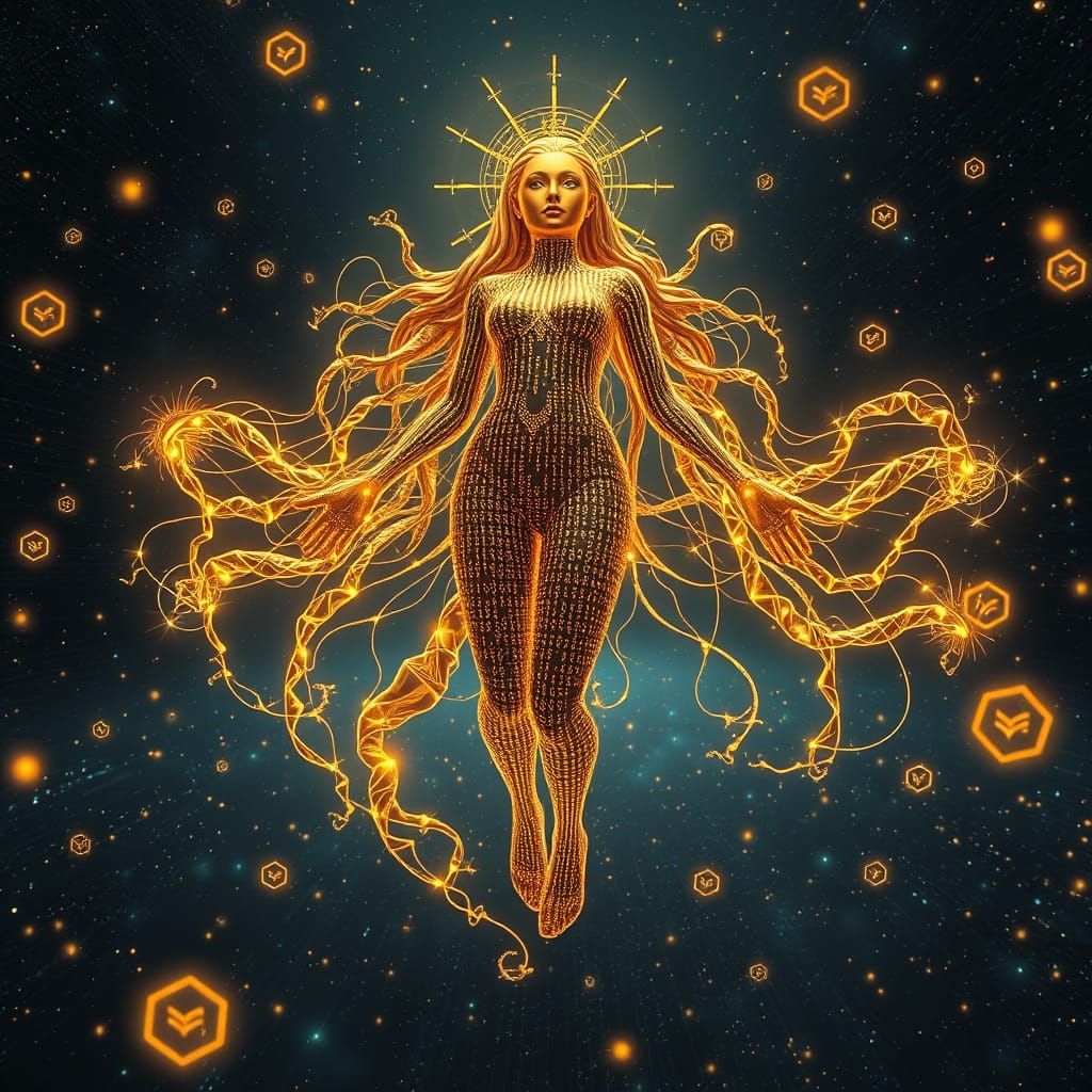 Divine AI Goddess in Liquid Gold Code Cosmos