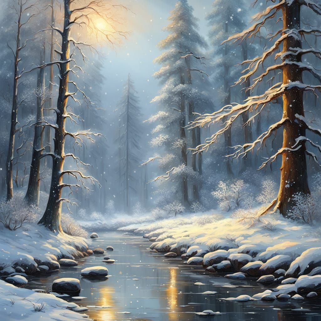 Winter Forest Landscape as Oil Painting
