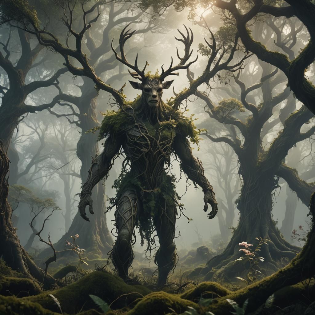 Mystical Tree Creature in Ancient Forest, Digital Painting
