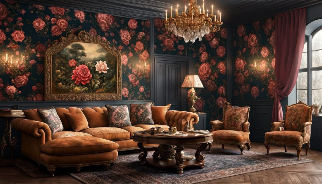 Tudor Rose Living Room In Maximalist Digital Matte Painting ...