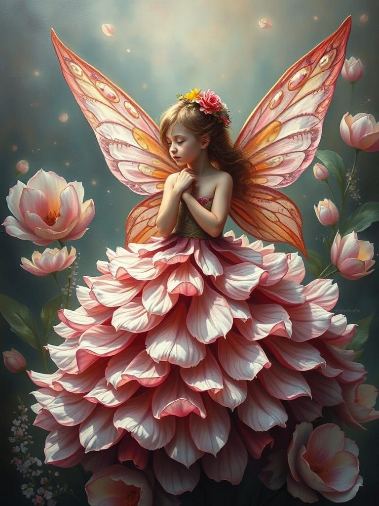 Elaborate Oil Painting of Fairy in Flower Petal Dress