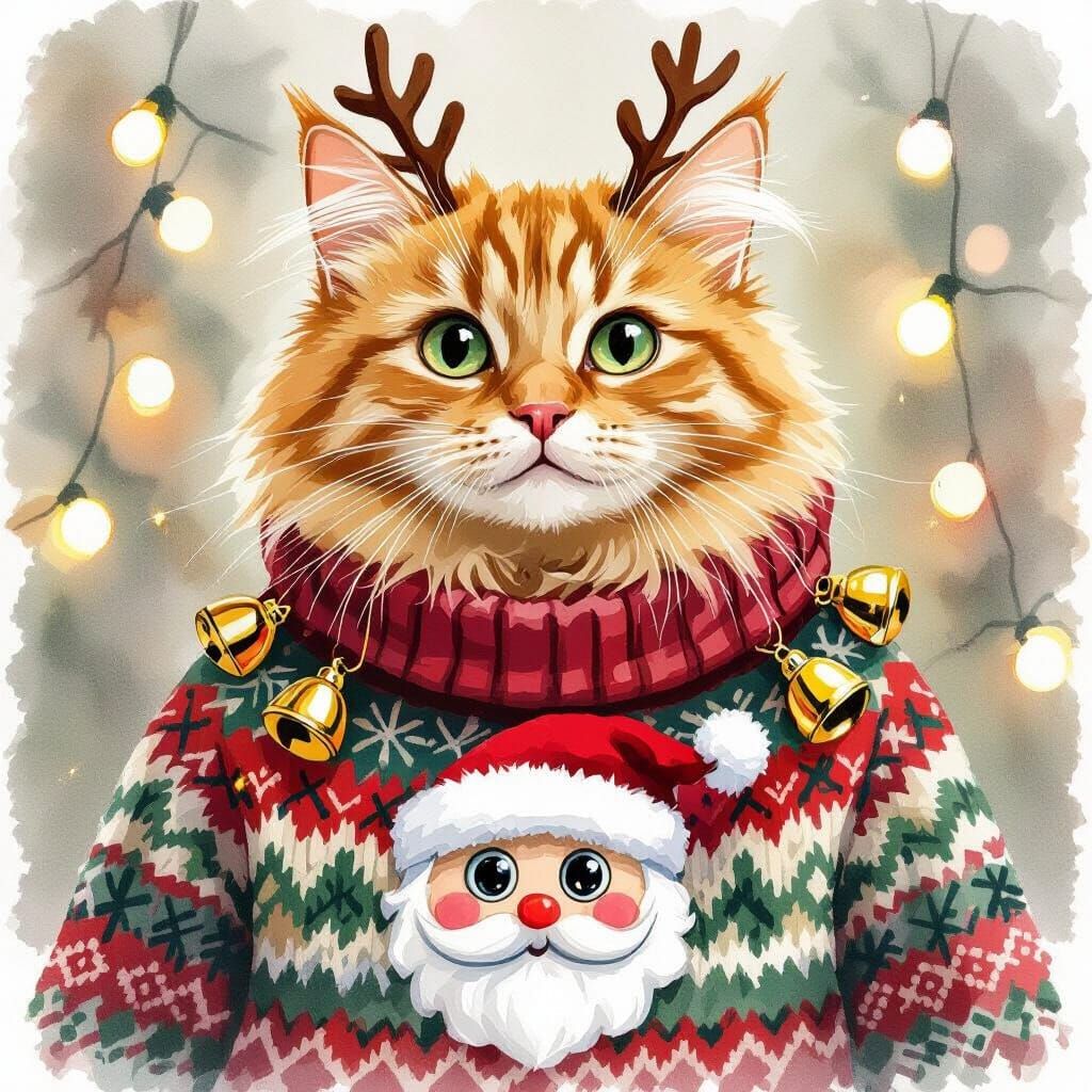 Fluffy Ginger Cat in Humorous Christmas Sweater