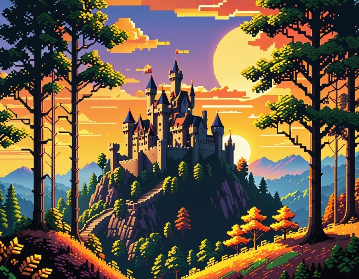 Pixel Art Castle on Forested Hill at Sunset
