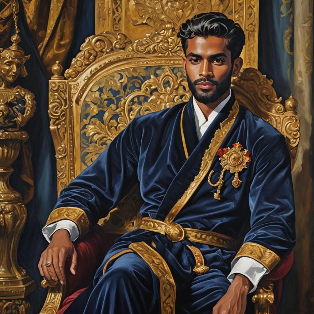 Sri Lankan Prince in Navy Velvet Robe, Impressionist Oil Pai...