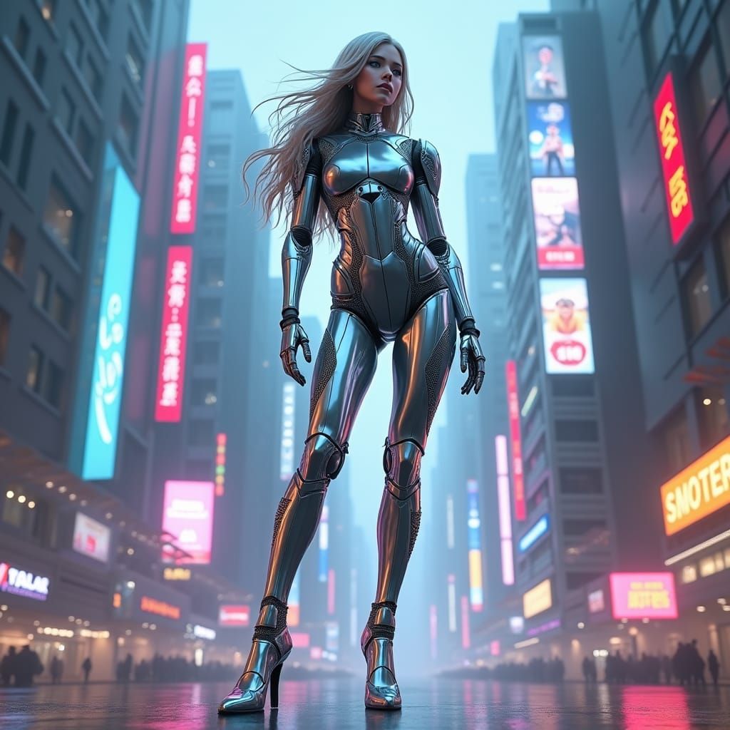 Woman in Silver Robot Suit in Retro-Futuristic Cityscape
