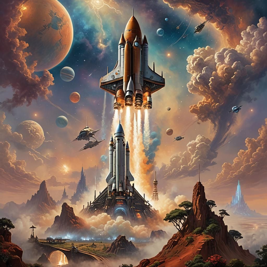 Rocket Launch from Mars in Ethereal Fantasy Style