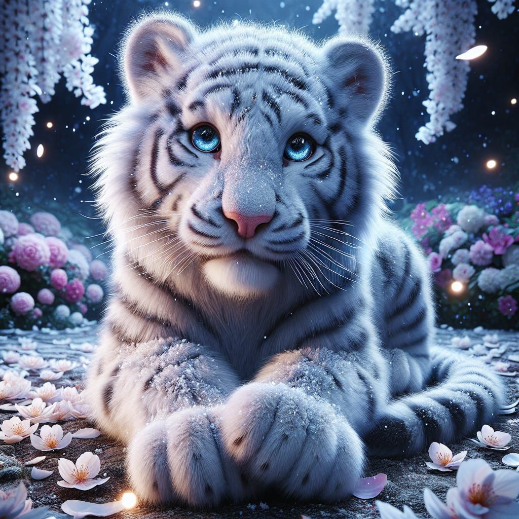 Endearing Snow Tiger in Magical Garden