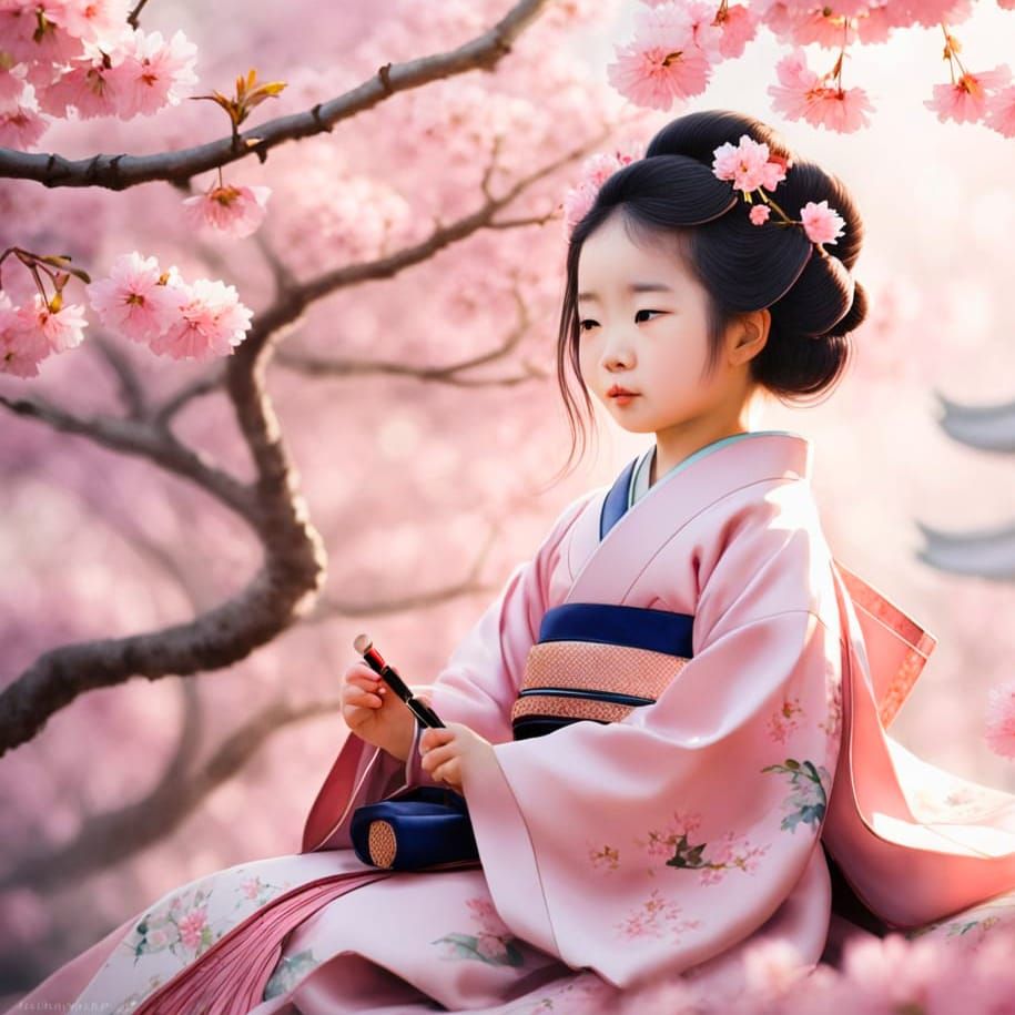 Toddler Geisha in Cherry Blossoms: Japanese Watercolor