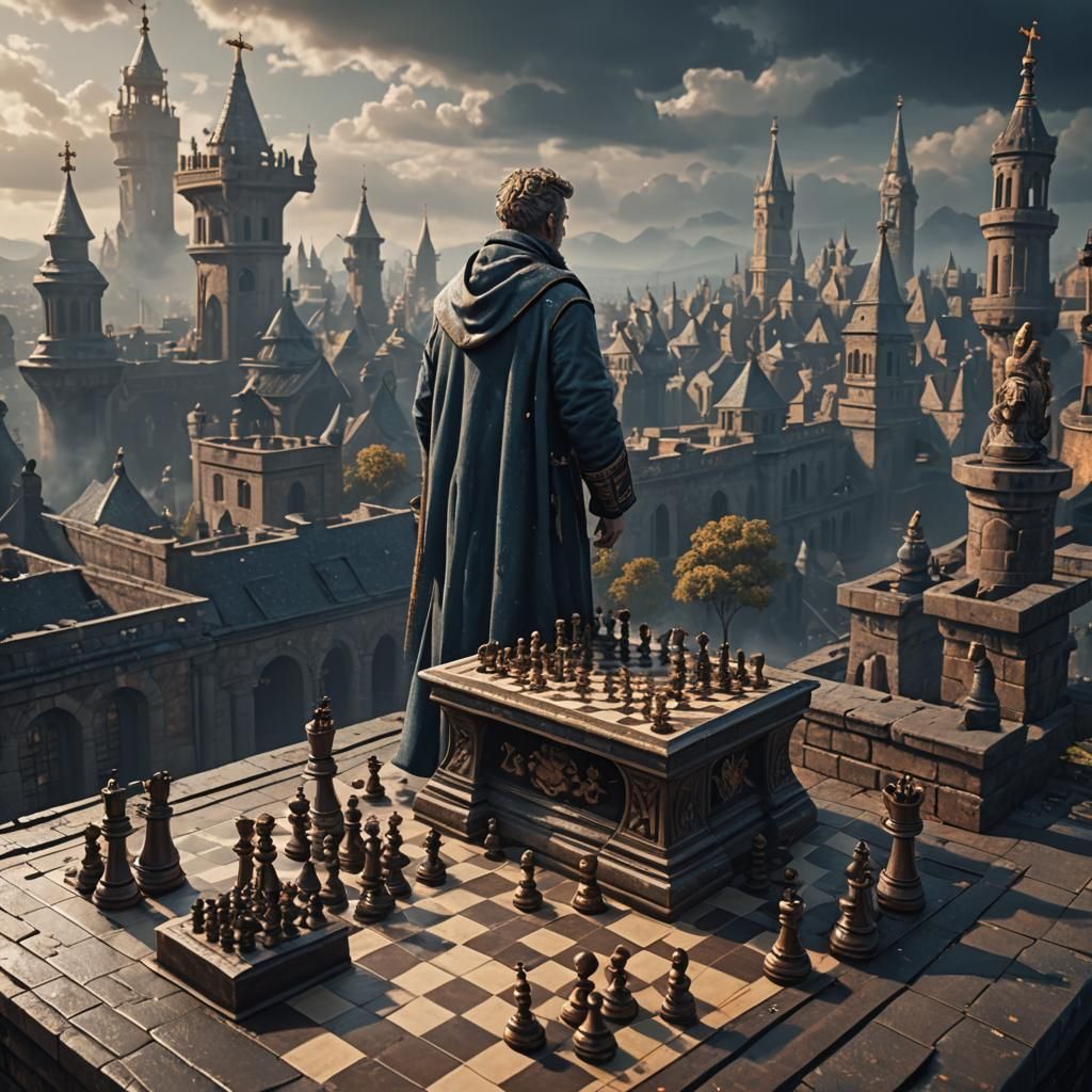 Chess Game with God: Detailed Fantasy Concept Art