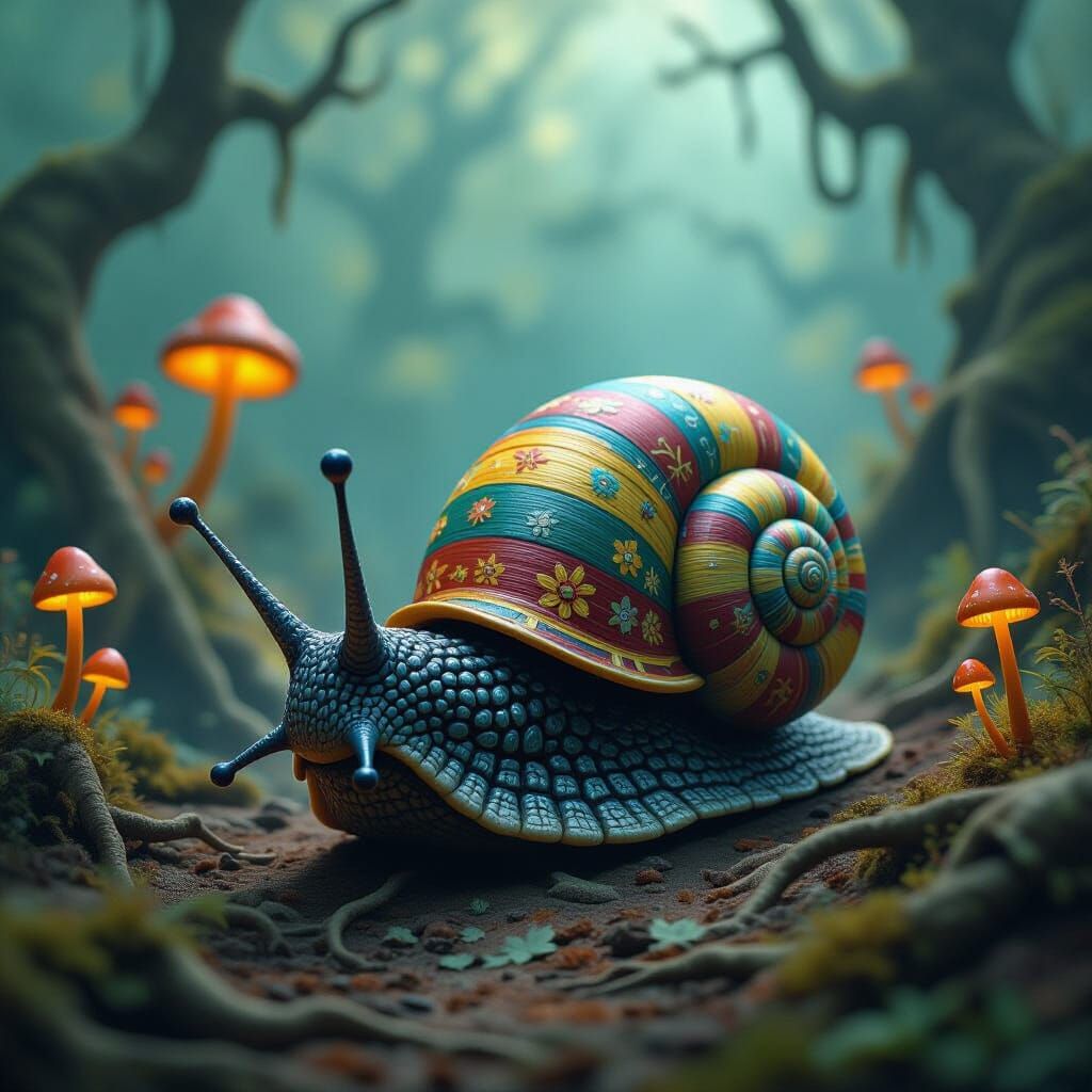Curious Snail in Creepy Surreal Landscape