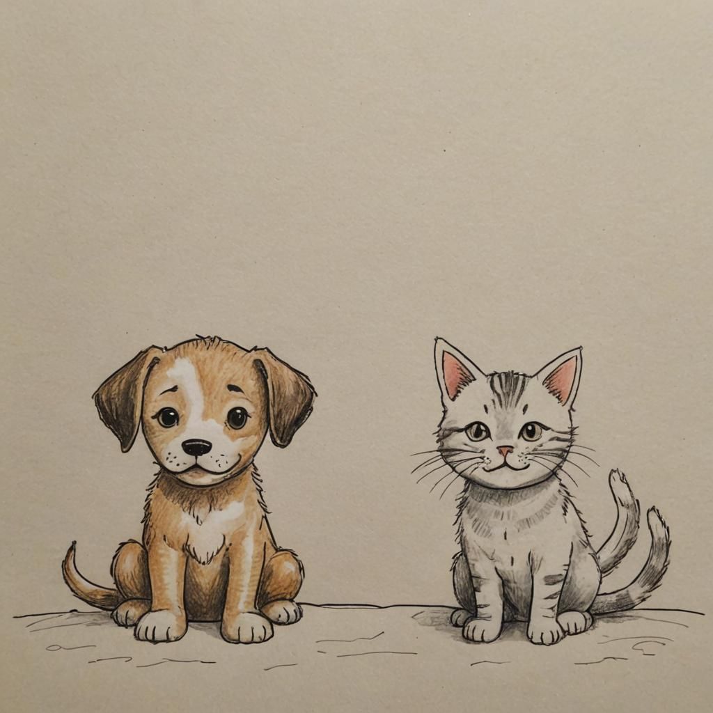 Dog and Cat in Children's Drawing Style
