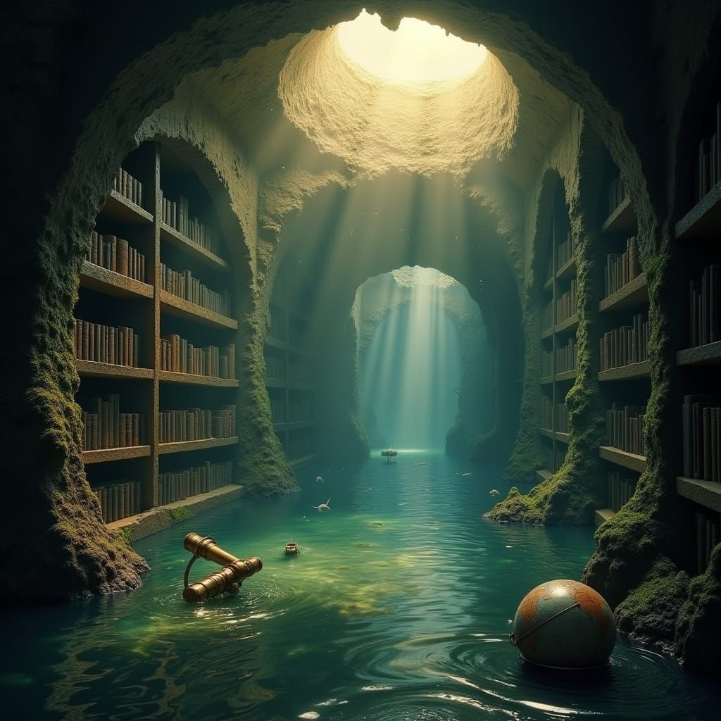 Sunken Library: Ethereal Sunlight Illuminates Ancient Knowle...