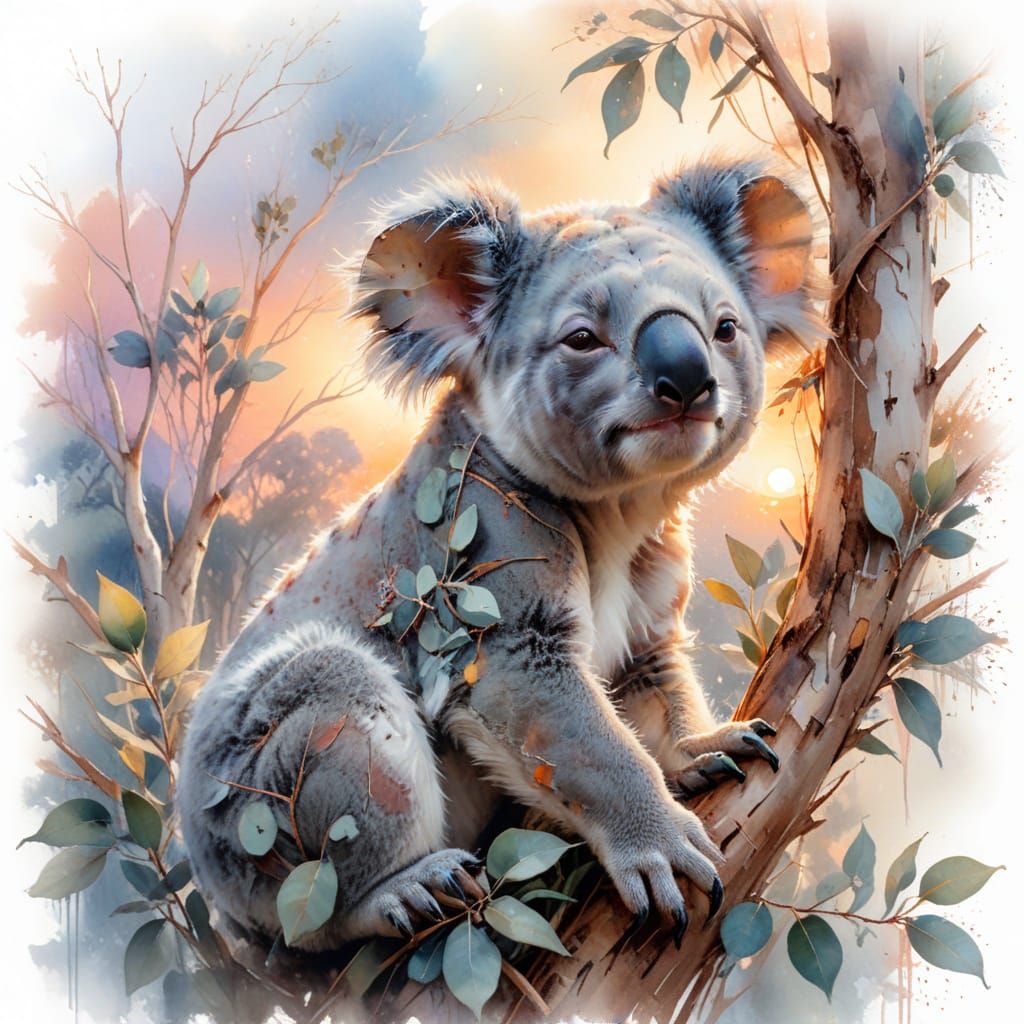 Serene Koala in Eucalyptus Tree at Sunset, Painterly Realism