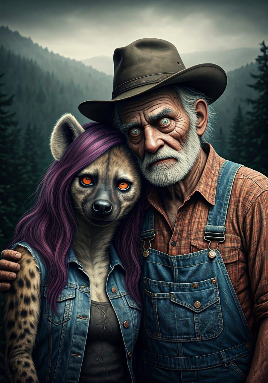 Surrealistic Portrait of a Hyena and an Old Man in the Appal...