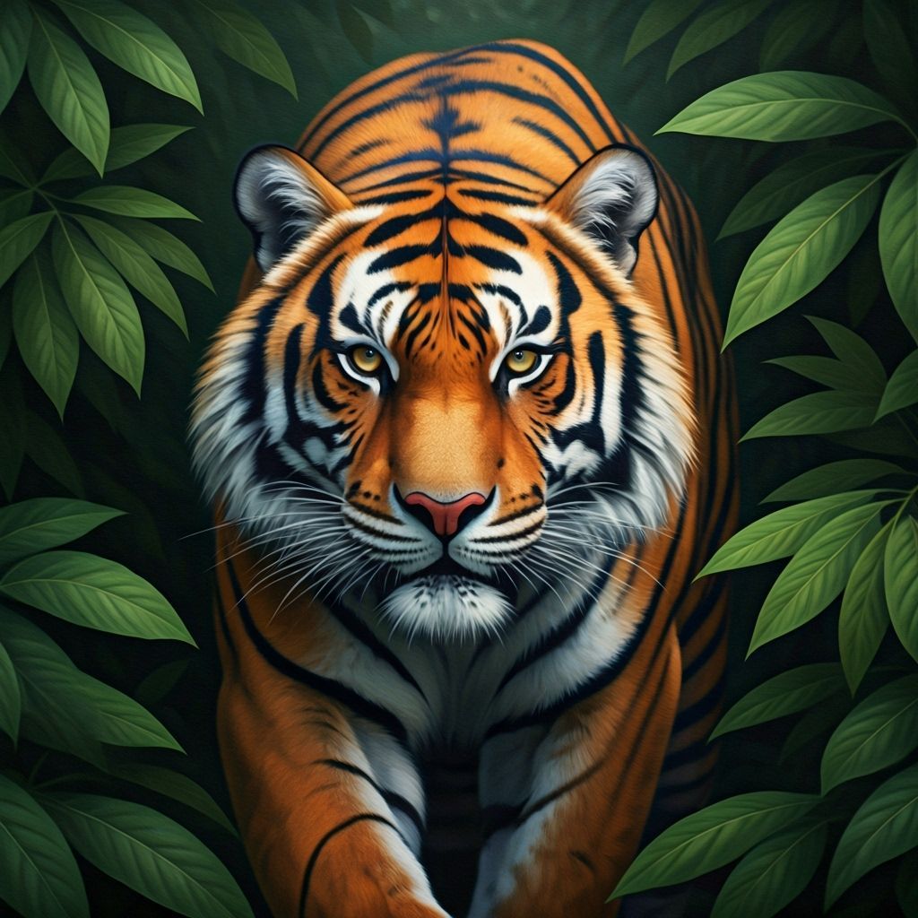 Majestic Tiger Prowling Through Jungle: Oil Painting