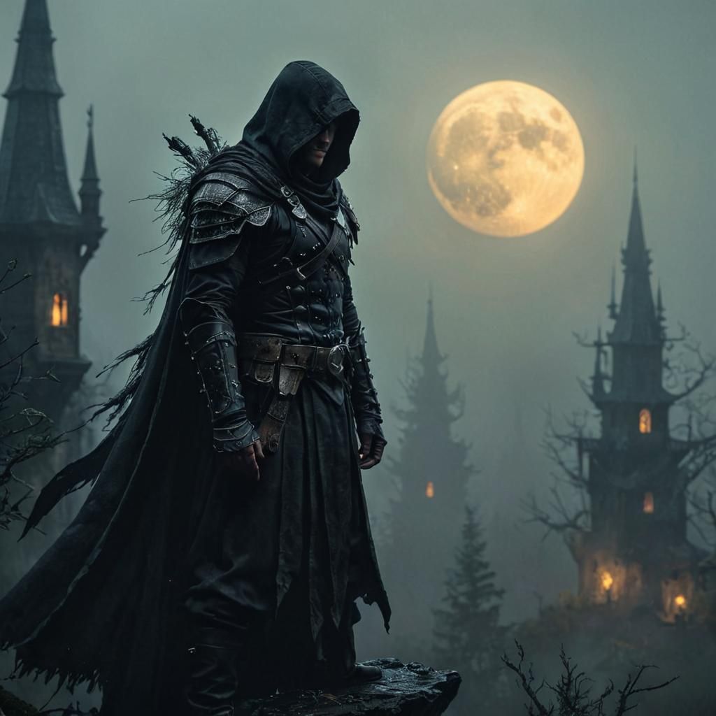 Mysterious Assassin in Gloomy Forest: Hyperrealistic Concept...