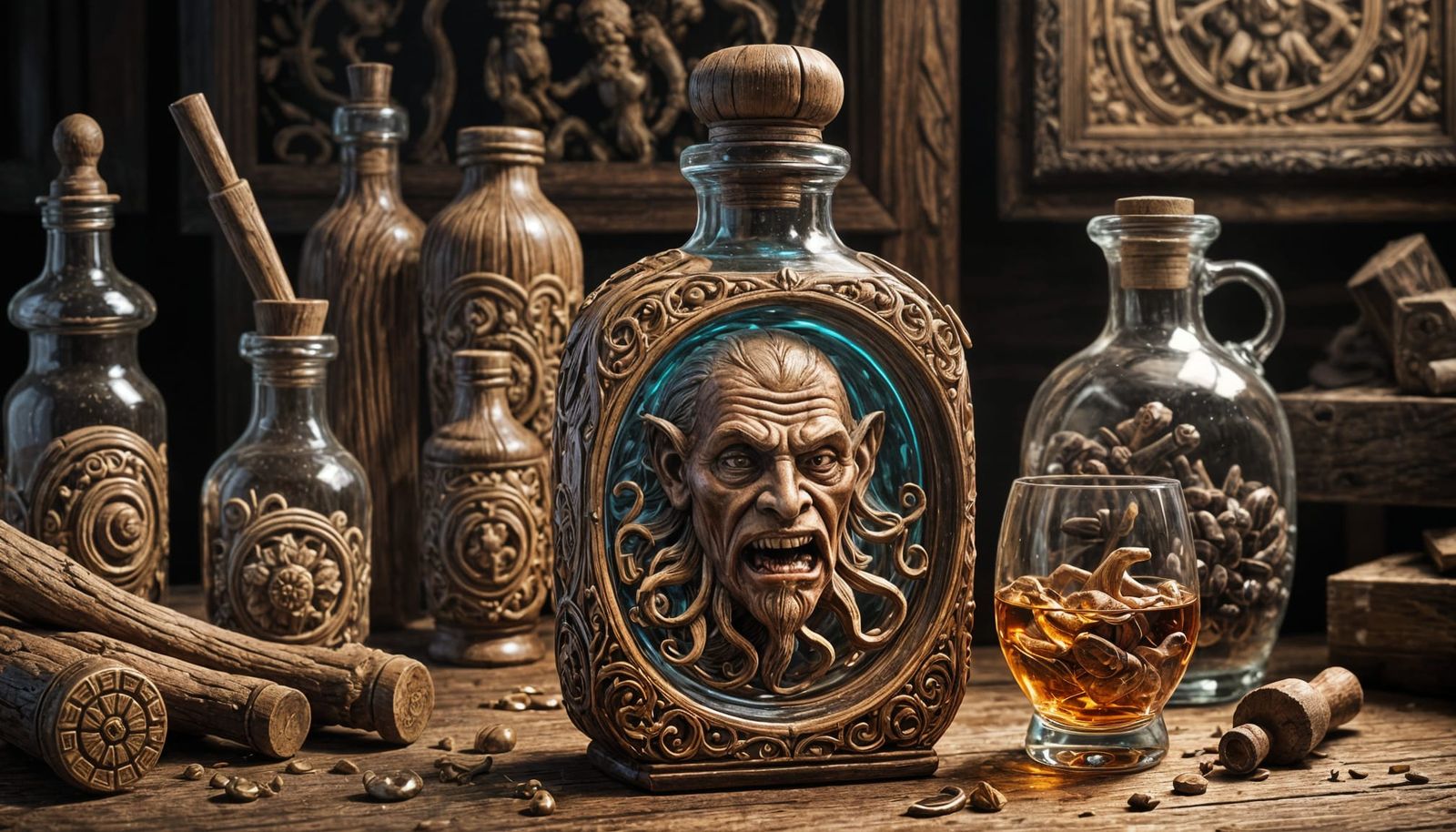 Wooden Homunculus in Glass Bottle: Dark Fantasy Art