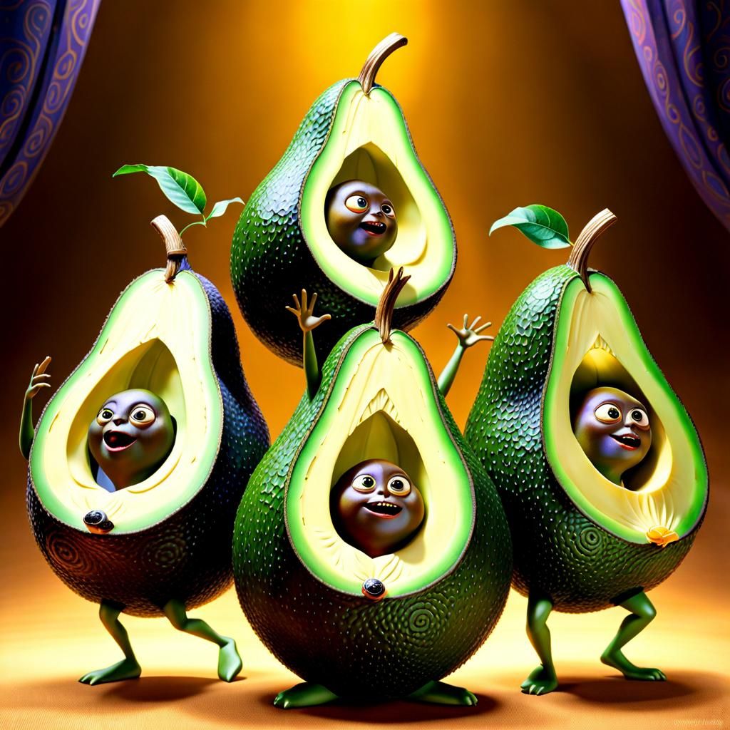 🥑💃🏿🕺⚡dancing avocados pixar characters, Brian Froud, Alex Grey, Gustav Klimt, menuhin