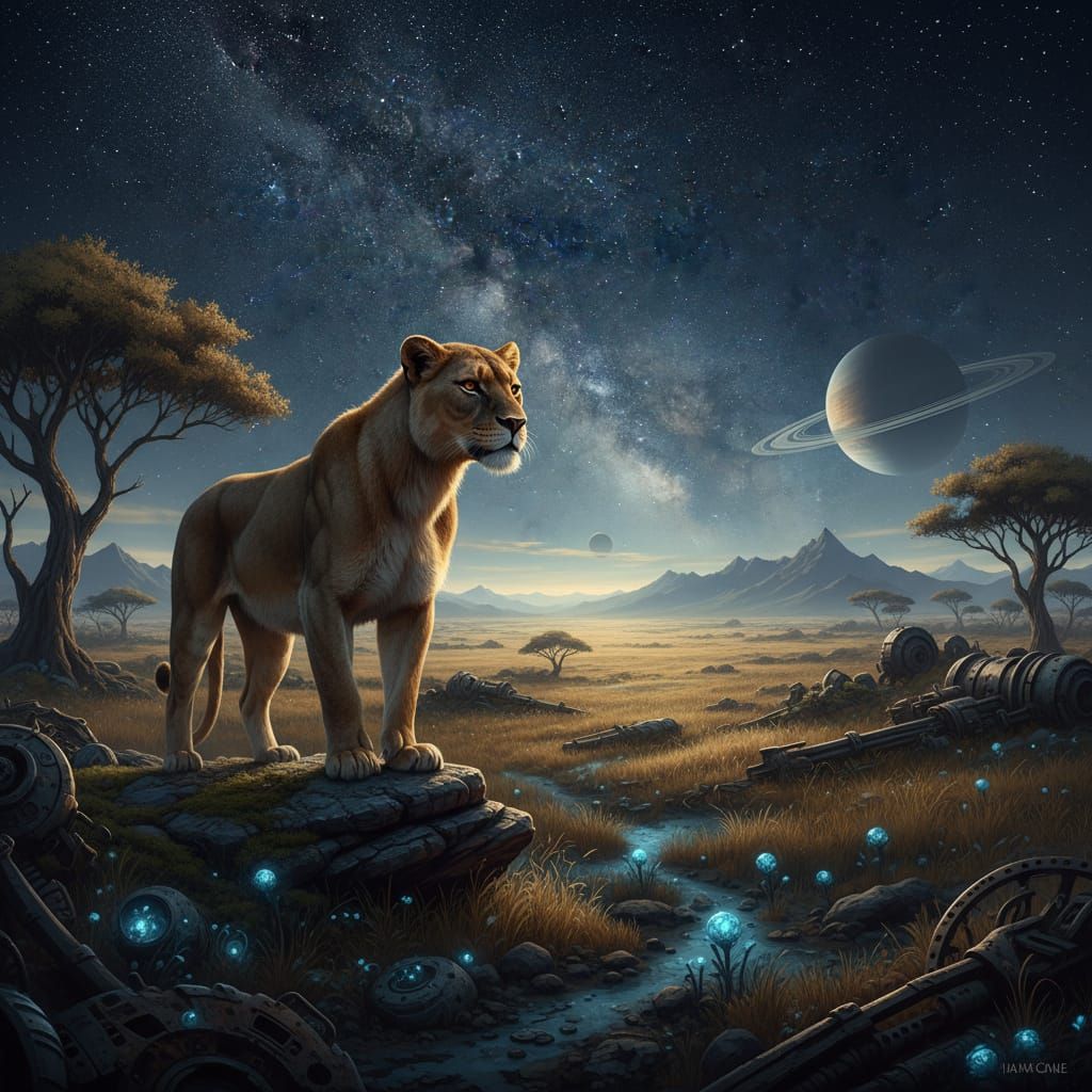 Majestic Lioness Under Starry Savanna Sky