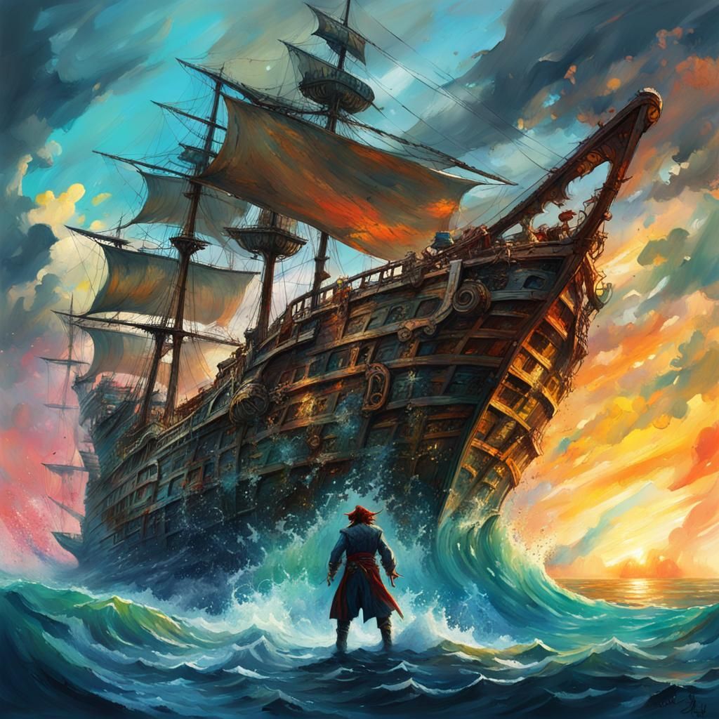 Pirate Confronts Sea Monster in Epic Painting