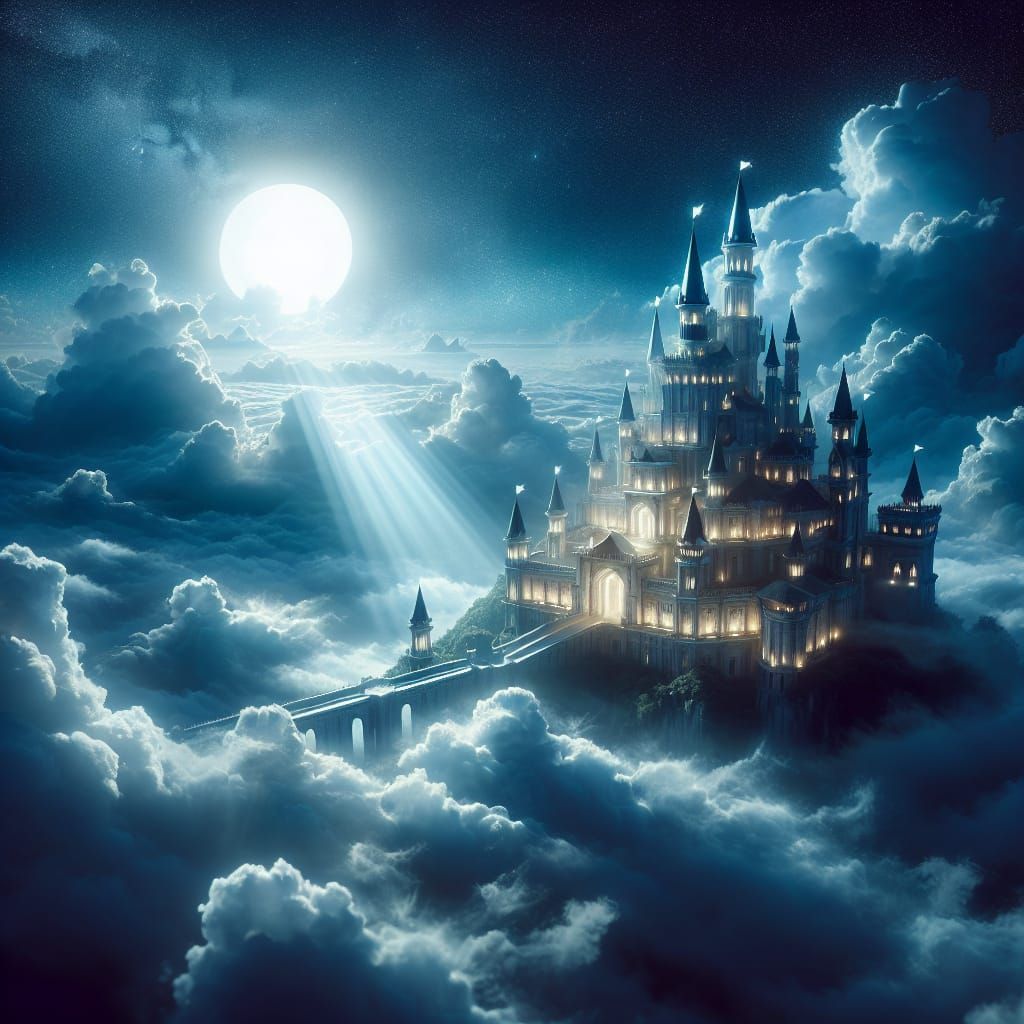 Celestial Castle Floating in Moonlight Bathed Sky