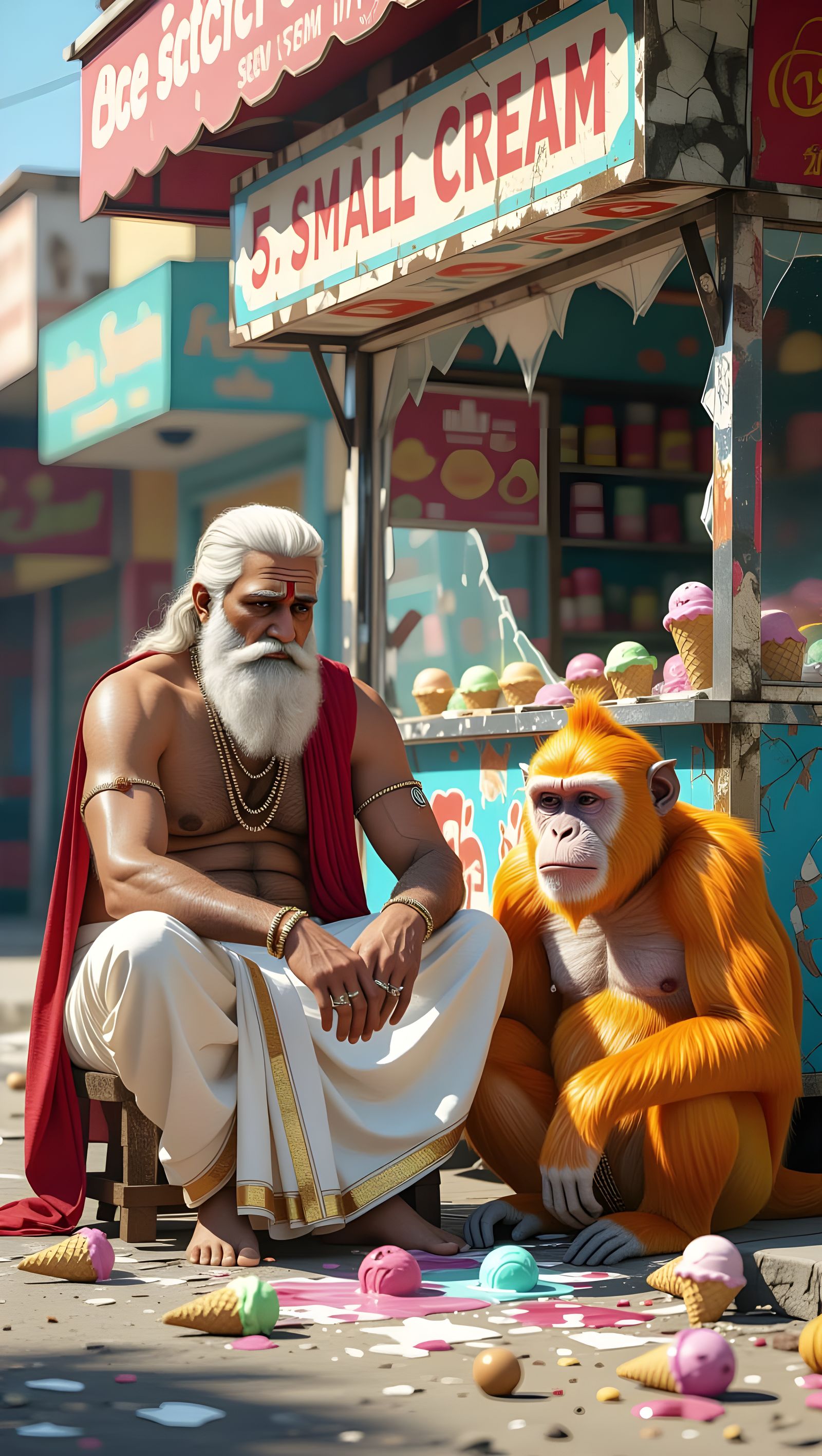Sorrowful Indian King and Loyal Monkey Mourn Ice Cream Stall