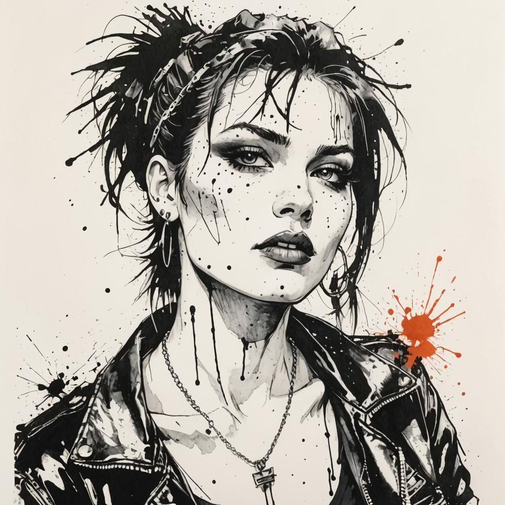 Punk Girl Portrait in 1980s Ink Splatter Style