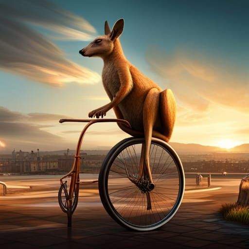 Kangaroo and Joey on Bicycle in Town