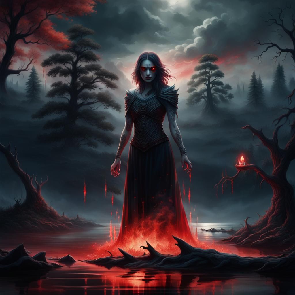 Surreal Woman Stands on Blood-Red Lake Shore, Radiating Myst...