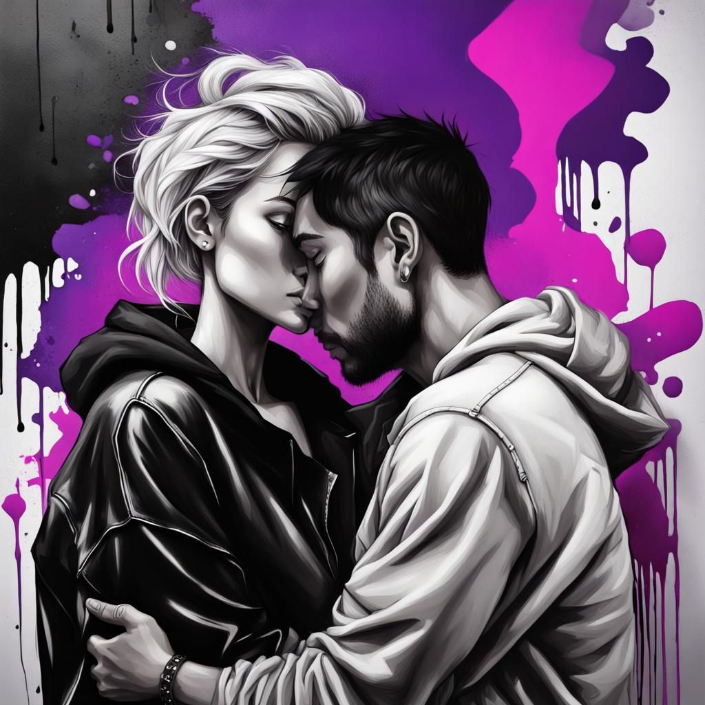 Monochrome Couple Embrace in Graffiti Art Style