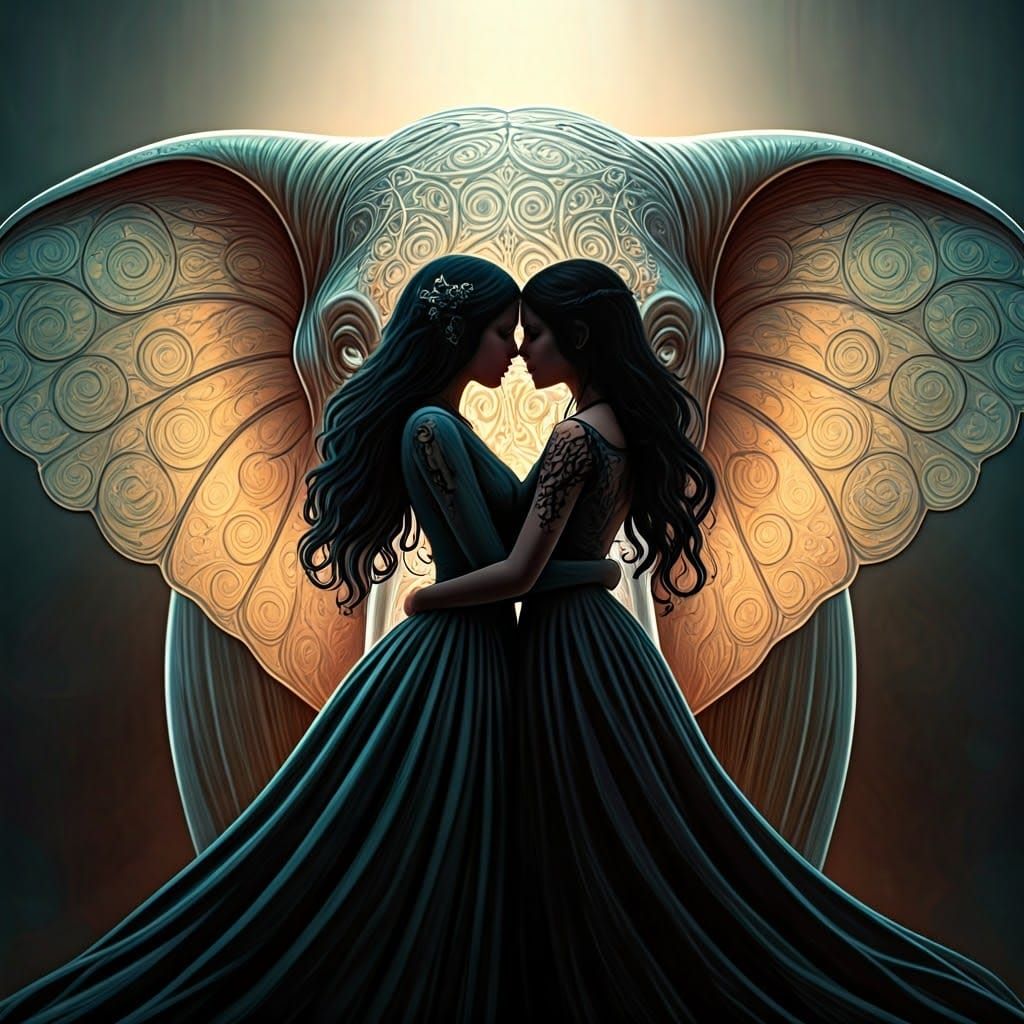 Gothic Silhouettes on Iridescent Elephant: Art Nouveau Style