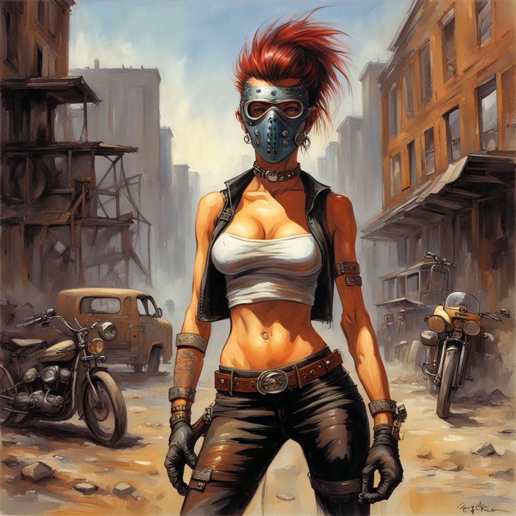 Punk Woman in Post-Apocalyptic City, 80s Fantasy Art