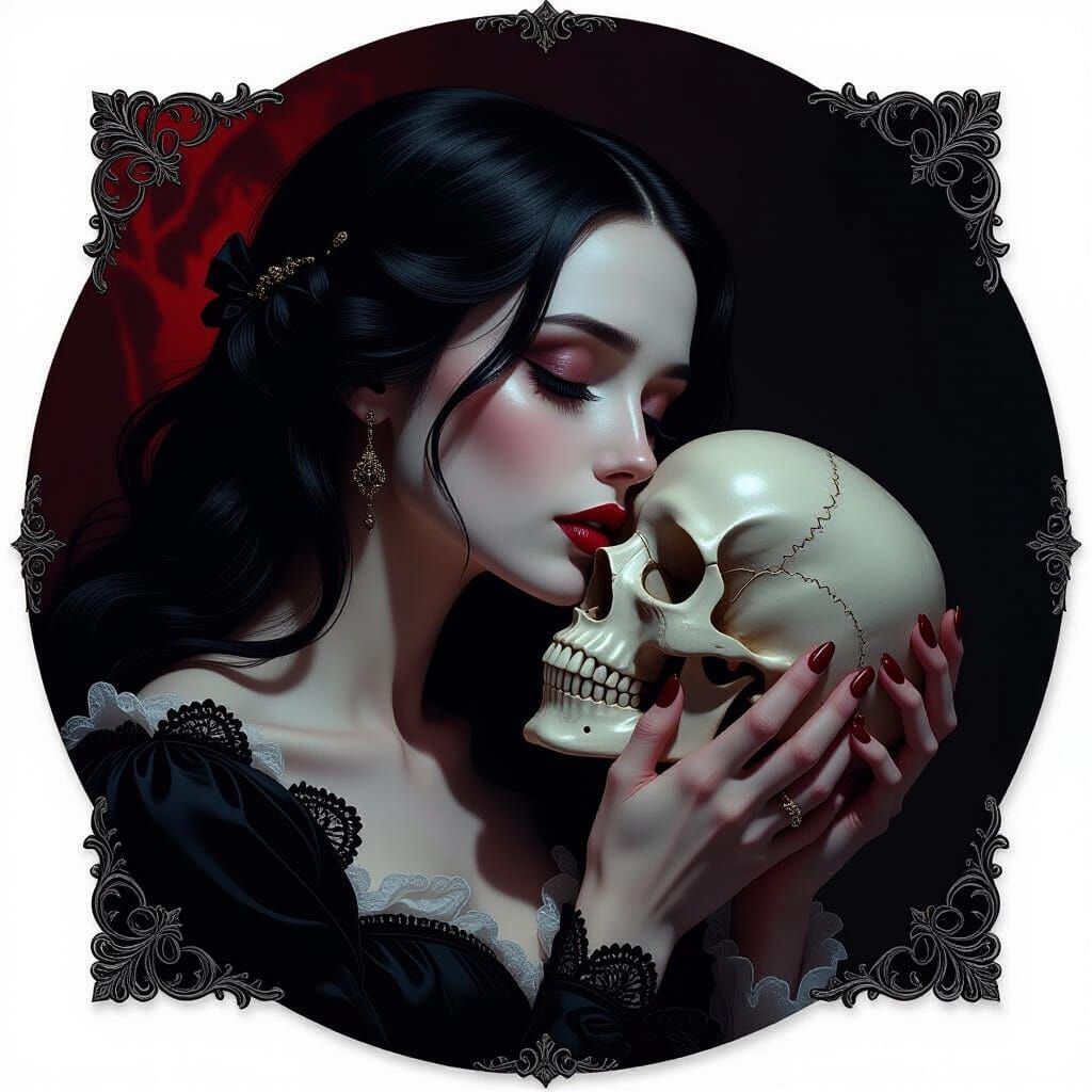 Gothic Woman Kisses Skull in Baroque Painterly Style