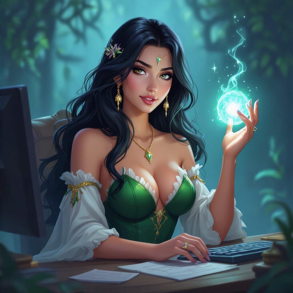 Elegant Goddess Woman with Long Black Hair