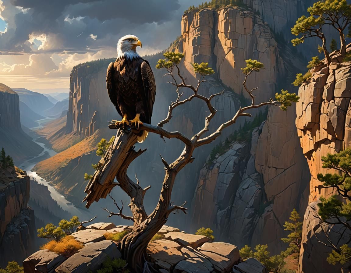 Eagle on Cliffside Branch with Dramatic Lighting