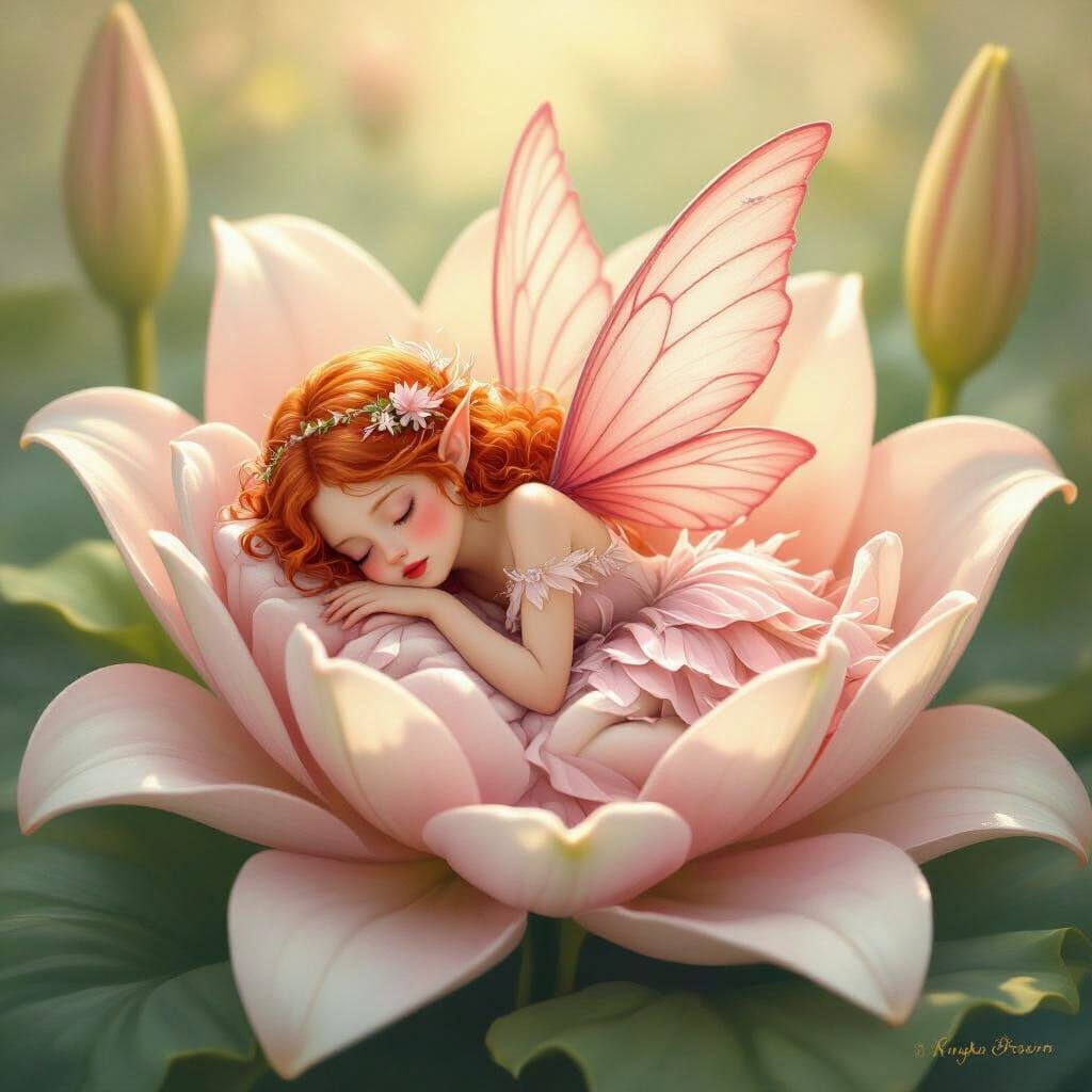 Pink Fairy Sleeping in Lily Flower, Whimsical Ethereal Style