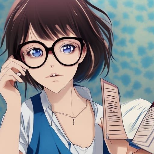 Anime Portrait of Girl Reading Book with Glasses