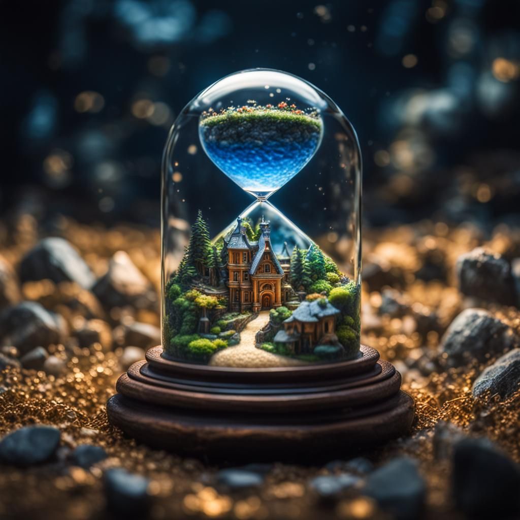 Tiny World Inside Crystal Hourglass in HDR