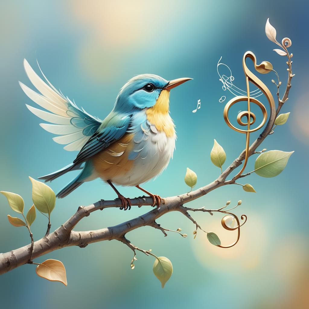 Songbird with Musical Note Body in Watercolor Style