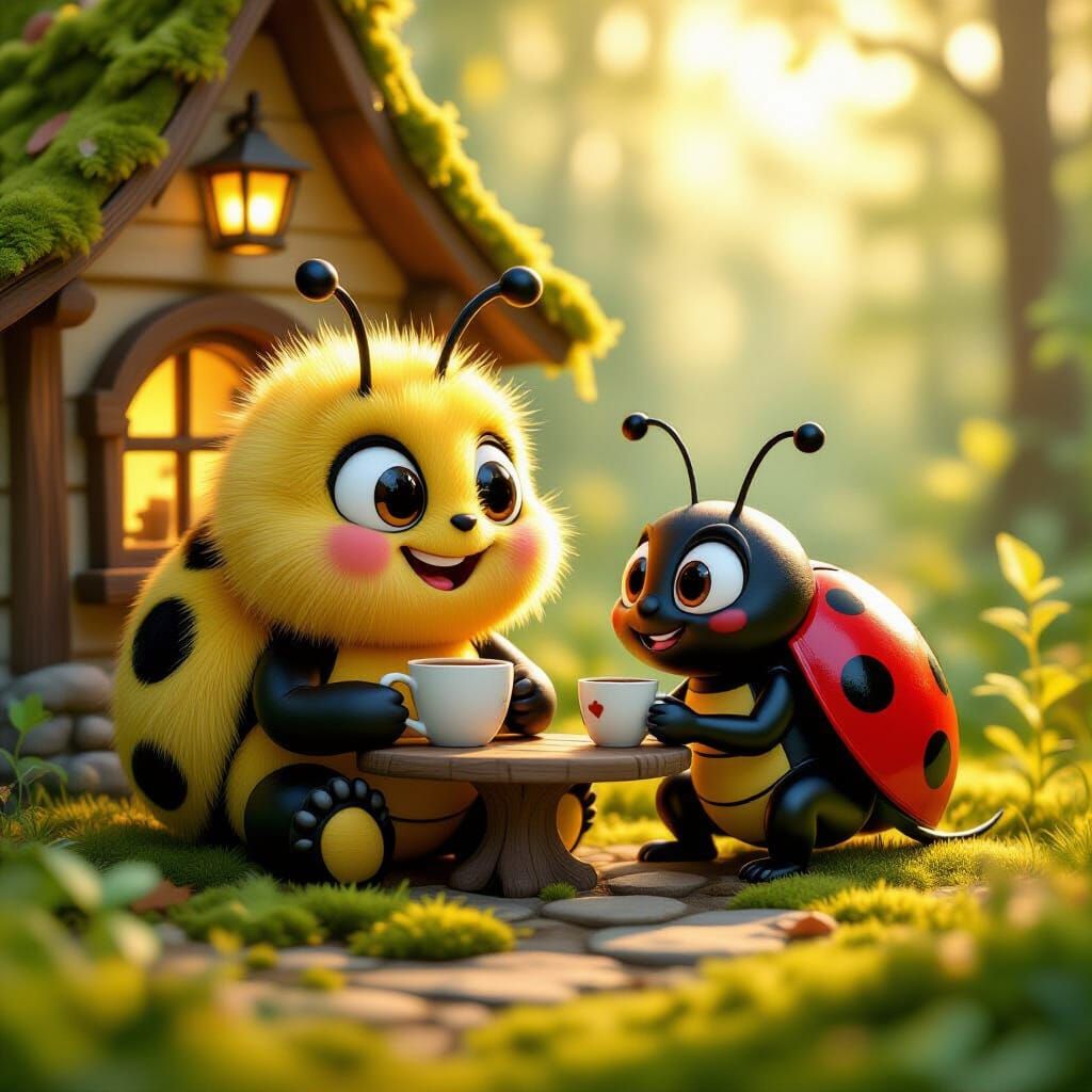 Cartoon Caterpillar and Ladybug's Fairy Coffeehouse Meeting
